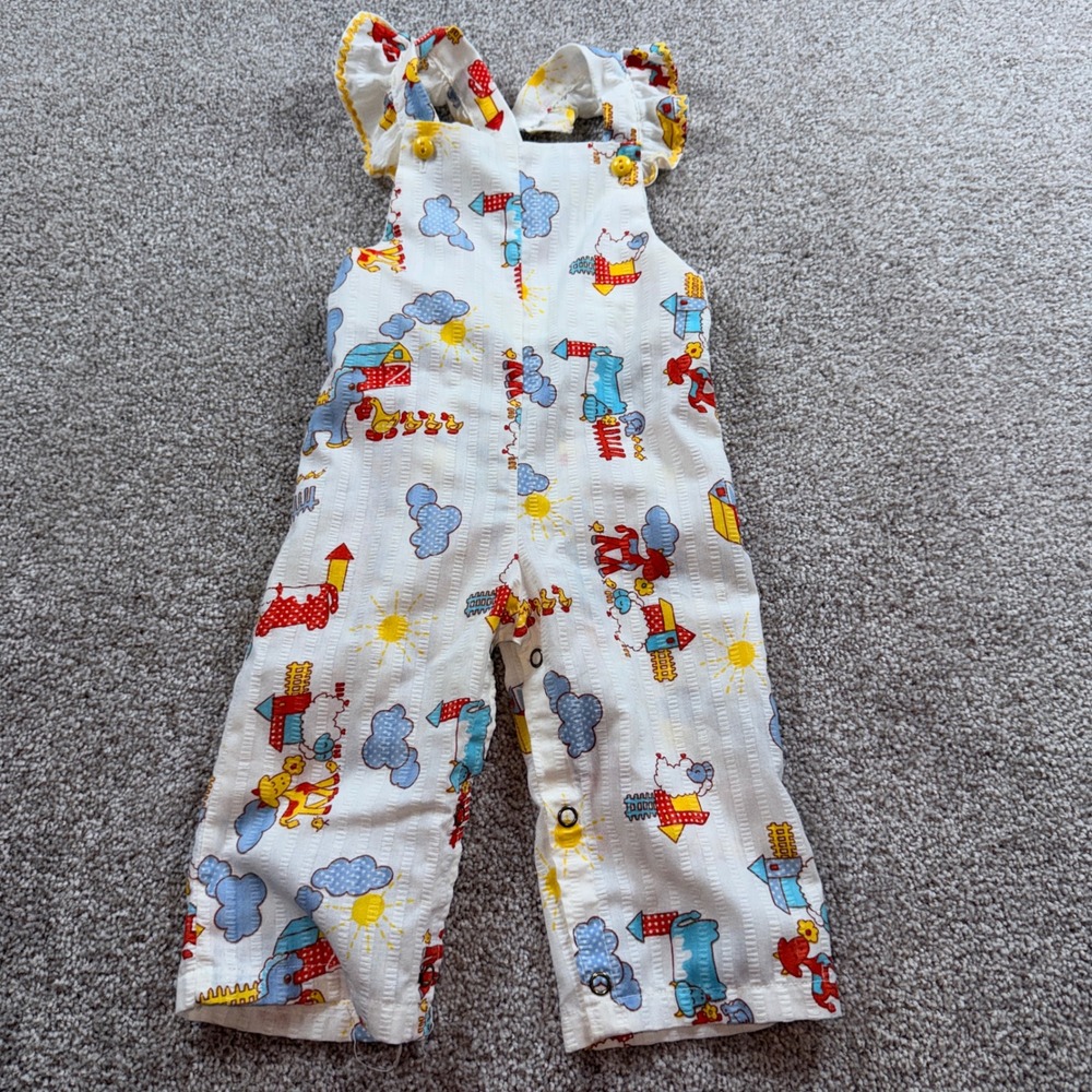 Vintage Good Lad Kids‎ Farm Animal Seersucker Ruffle Overalls White 9-12 Months